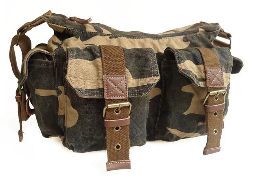 Mens Canvas Real Leather Vintage Military Shoulder Messenger Satchel