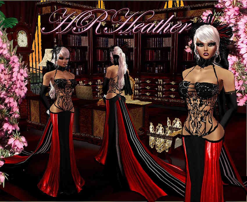 HRHeathers luxurious feeling red and black satin evening gown with sequin fantasy beadwork top. For Royal vampire and demonic formal occasions. Gothic beings will love this formal dress, as well as all creatures of the night.