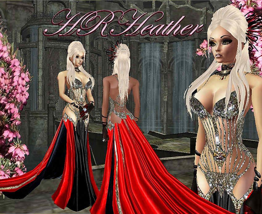 HRHeather’s luxurious feeling high sheen red and black beaded and vastly sequin bejeweled haute couture magnificent Goth dress. Any gothic Queen, Empress, or otherwise Royal would murder to wear such an extravagant dress. This is simply a superb piece - WOW the funeral procession! Turn heads in any creature of the night high society function. Add the train(s) to this to really make a high society statement.